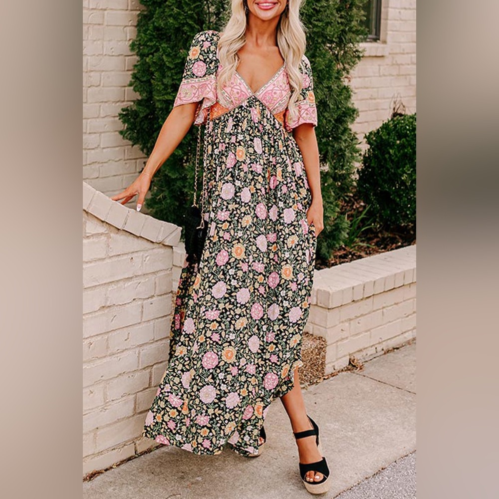Floral Empire Waist Maxi Dress - Pink & Green